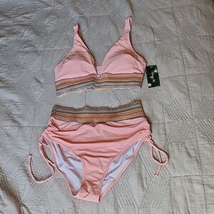 Pink Two-Piece Swimsuit with Multicolor Stripes. Size Meduim